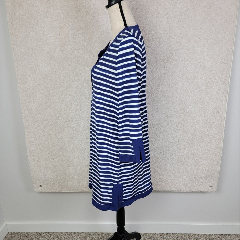 Aqua et Sol Striped Tunic Dress Women L Navy Blue White Split V-Neck Travel - Picture 9 of 12